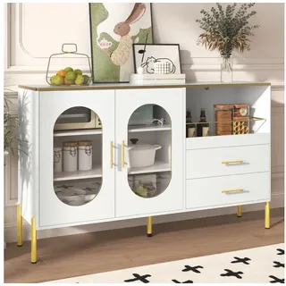 KLAM HOME Sideboard Eleganter Sideboard-Schrank mit 2 Schubladen & 2 Glastüren (Stauraum für Wohnzimmer, Flur & Esszimmer, modernes Design), Moderne Kommode in Weiß mit Goldakzenten, Viel Stauraum weiß