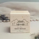 hellomini Personalisierte Spardose aus Holz mit Namen – Gravierte Reisekasse für kleine & große Abenteuer – Geschenkidee mit Wunschtext für Urlaubsträume - Camper Abenteuer