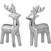 Kleine stehende Porzellan Deko Rentier Figur Paar - silbern glänzende Hirsch Geweih Weihnachts-Deko zum Hinstellen Höhe 12 cm