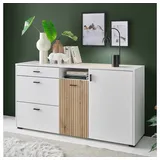 Lomadox Kommode 150 cm breit weiß matt mit Eiche Rillen HUNTER-61