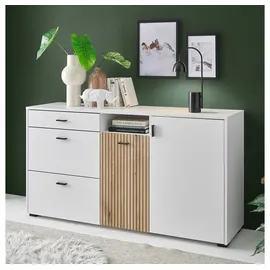 Lomadox Kommode 150 cm breit weiß matt mit Eiche Rillen HUNTER-61