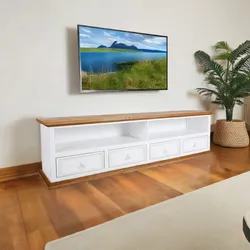 Großes TV Lowboard - TV-Tisch - Landhausstil - weiß - 200 cm - Massivholz