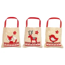 Vervaco Zählmusterpackung Stickset Säckchen Weihnachten Tiere 3er DIY Gezählter Kreuzstich Stickpackungen Basteln Erwachsene Kreativ Set 9 x 9 cm Stickset für Anfänger Stoffbeutel zum Sticken