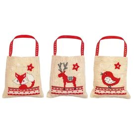 Vervaco Zählmusterpackung Stickset Säckchen Weihnachten Tiere 3er DIY Gezählter Kreuzstich Stickpackungen Basteln Erwachsene Kreativ Set 9 x 9 cm Stickset für Anfänger Stoffbeutel zum Sticken