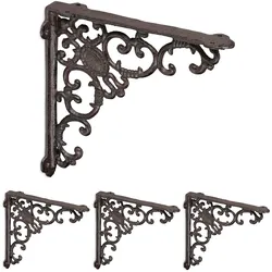 Relaxdays Regalwinkel, 4er Set, Gusseisen, antike Regalträger, Winkel Regalbretter, HxBxT: 21,5 x 4 x 21,5 cm, braun