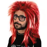 MIVAIUN Perücke Männer Rot Vokuhila 70er 80er Mottoparty Rockstar Bad Taste Party Proll Halloween Kostüm Party Beweig Perücken Party Cosplay Schwarz Rot Perücke Disco Hippie(Rot)