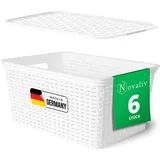 Novaliv 6er Set Aufbewahrungsboxen mit Deckel Groß 14L Korb Weiß in Rattan Design Lebensmittelecht Aufbewahrungskorb Stapelboxen Nestbar Kunststo...