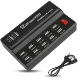 USB Ladestation, 5,5x3,3x1,4 Zoll 12-Port USB Hub 5V/12A Netzteil Handy Schnellladegerät Netzadapter Multiport Charging Station Desktop Power Hub Ladeadapter für Smartphone Tablet MP3 MP4 USB Geräte