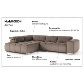 Cotta Ecksofa COTTA "Orion L-Form", schwarz (charcoal), B:310cm H:70cm T:225cm, 100% Polyester, Sofas, Ecksofa, mit Kopfteilverstellung & 5 Nierenkissen