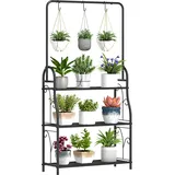 Blumenregal, 3-stufiges Pflanzenregal Mit Hängehaken, Metallregal Für Blumentöpfe, Indoor- Und Outdoor-tauglich, Schwarz