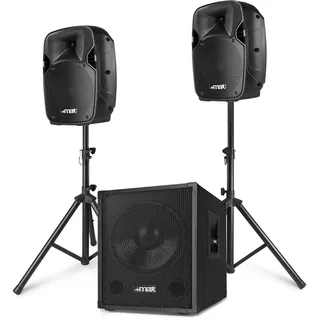 MAX MX700 DJ Boxen Set mit einem aktiven 12 Zoll Subwoofer und Zwei Passive 8 Zoll Lautsprecher, 700 Watt PA Anlage Komplettset für Mobile DJs und Musiker auf kleinen Veranstaltungen, Schwarz
