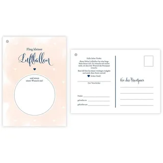 Nova MD 50 Ballonflugkarten für Hochzeit, gelocht und extra leicht zum Weitfliegen. Wetterfeste Ballonkarten mit Wünschen zur Hochzeit für einen extra langen Flug. Weitflugkarten im Postkartenformat DIN A6