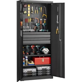 Vevor Metall Aufbewahrungsschrank, Garagenschrank mit 2 Türen 2 Schubladen 2 Verstellbaren Regalen & Lochwand, 1,8m Hochschrank 81,5kg Belastbar, Mehrzweckschrank für Garage Büro Werkstatt, Schwarz