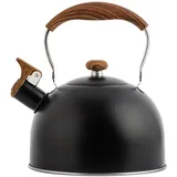 Blue Fish Flötenkessel - Wasserkessel Induktion | Pfeifkessel Aus Edelstahl | Teekessel Mit Holzgriff | Wasserkocher Für Alle Kochplatten | 2.5L, Schwarz