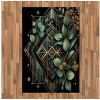 Teppich Flachgewebe Deko-Teppiche für das Wohn-,Schlaf-, und Essenszimmer, Abakuhaus, rechteckig, Eukalyptusblätter Art Deco Rhombus Ornament grün|schwarz 120 cm x 180 cm