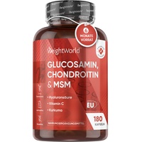 Glucosamin Chondroitin MSM 1560mg - 6 Monate Vorrat - 180 Kapseln mit Vitamin C, Kurkuma & Hyaluronsäure - Für Knochen, Immunsystem, Knorpel & Zähne (EFSA) - Glucosaminsulfat - Weightworld