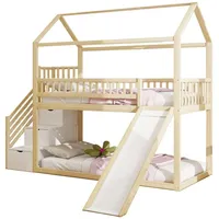 Kinderetagenbett 90*200cm, Hochbett(Holzfarbe)mit Rutsche und Stauraumleiter, hohe Zaunkonstruktion, Massivholzbettrahmen, Lattenrost