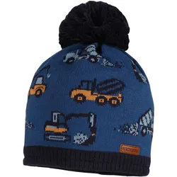 Strickmütze MAXIMO, Baby, Gr. 51, blau, Feinstrick, Baumwolle, gemustert, casual, Mützen, im Baufahrzeuge-Design mit Pompon und Futter