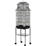 PawHut Vogelkäfig im Design eines Hauses mit Futtertrögen, Sitzstangen, Türen, abnehmbarer Kotwanne + Griff zum Transport 50,5 x 41 x 163 cm schwarz   Aosom