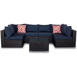 MuCoLa Gartenmöbel 7tlg. Sitzgruppe Polyrattan Sofa Sitzkissen Lounge Sitzgarnitur Set Couch Gartenset Essgruppe - Schwarz/Blau - Schwarz