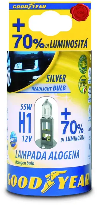 1 Stück Halogenlampe H1, 12V 55W, +70 %, 3000 K, E4, Goodyear