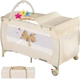 Tectake tectake® Kinder Reisebett, klappbar und höhenverstellbar, 2 Rollen mit Bremsen, inklusive Tragetasche, 132 x 75 x 104 cm