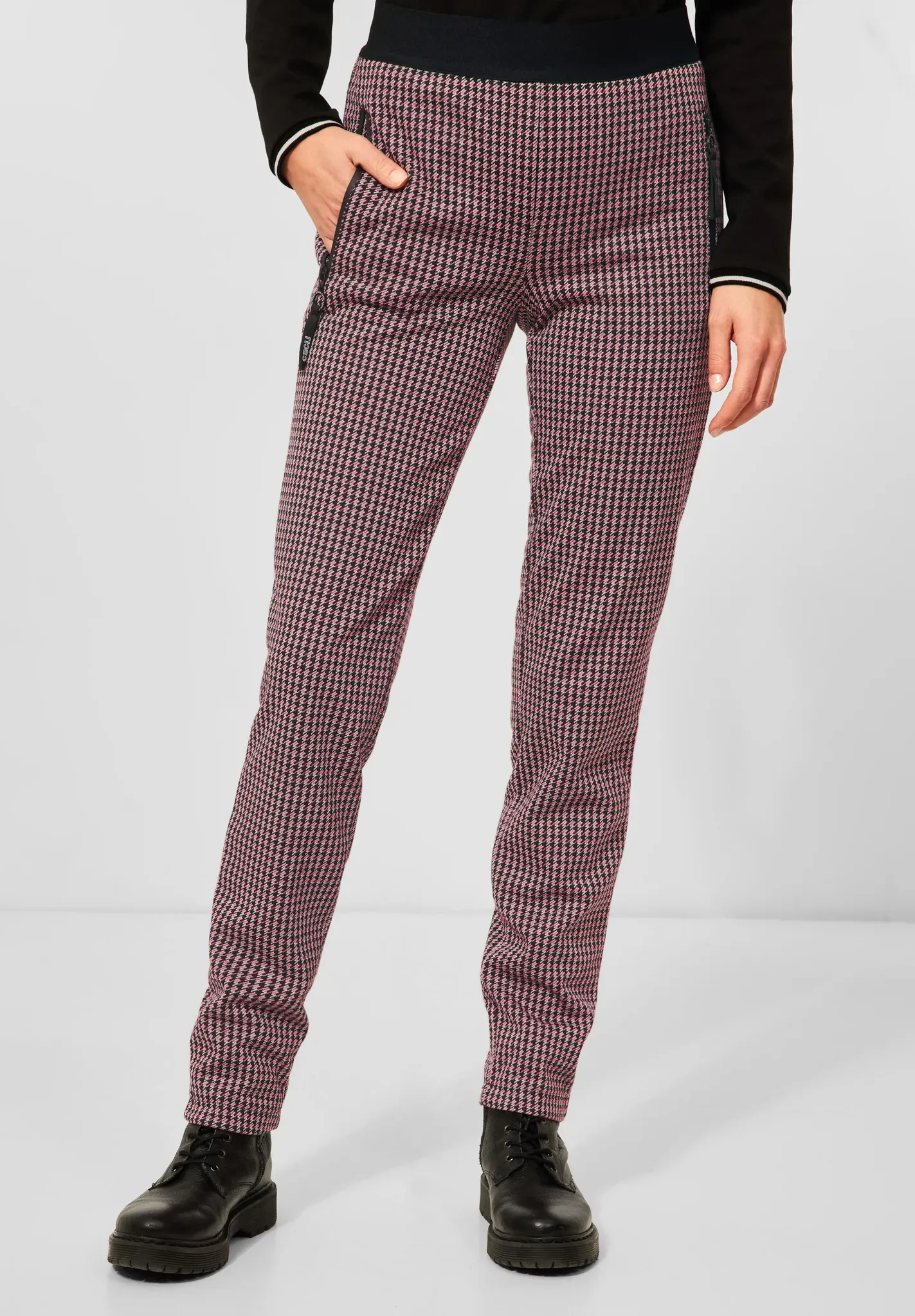 Stoffhose CECIL, Damen, Gr. XXL, Länge 28, schwarz, Stoff, 69% Polyester, 26% Viskose, 5% Elasthan, kariert, comfort fit lang, Hosen Stoffhose, mit Zipper-Taschen