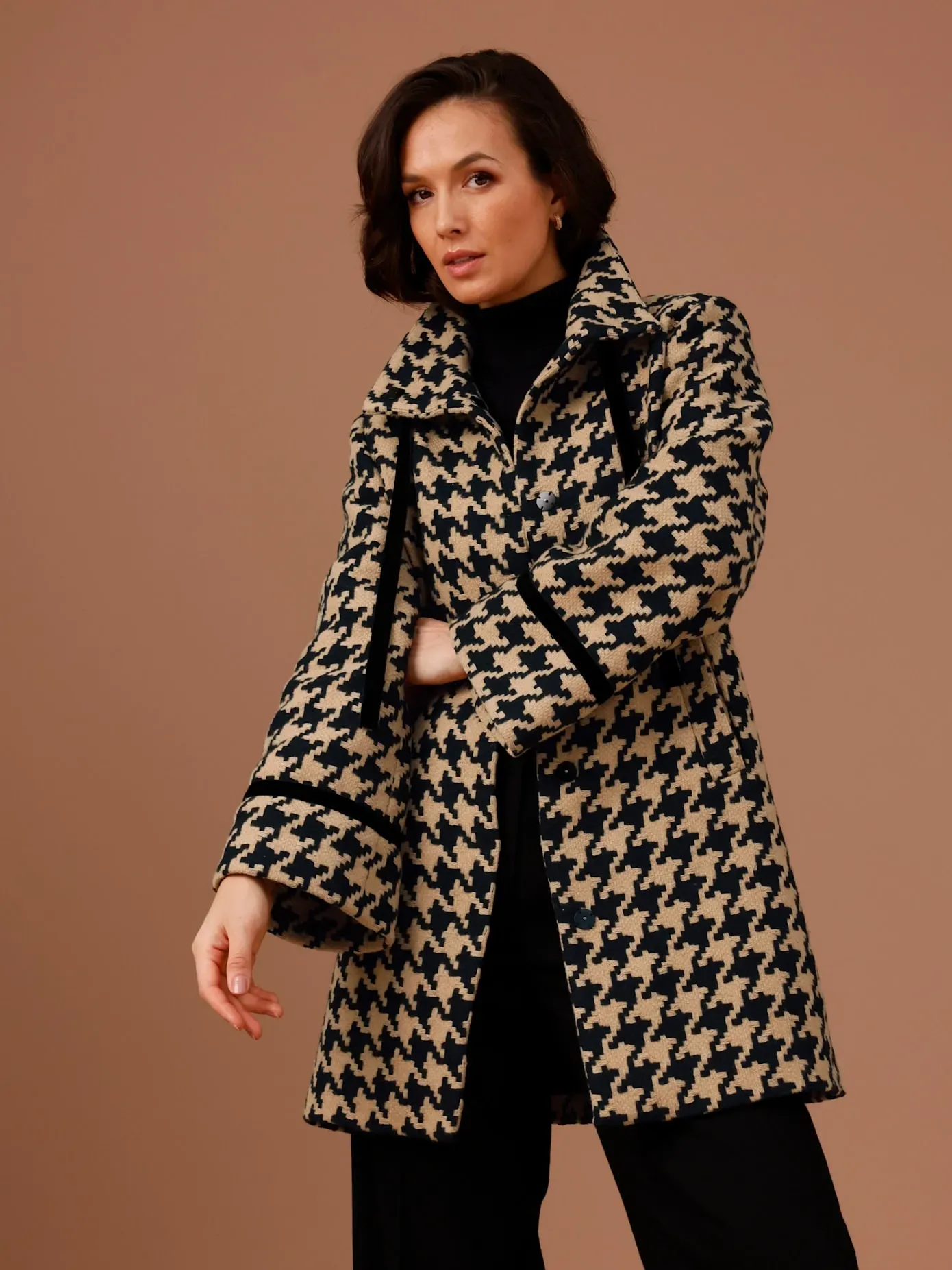 Wolljacke MANISA, Damen, Gr. 40, schwarz, camel, gemustert, 100% Wolle, Hahnentrittmuster, gemustert, mehrfarbig, Jacken