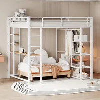 Merax Hochbett aus Metall, 140 x 200 cm, mit Schreibtisch, einfacher Kleiderschrank, und Regal, multifunktionales Hochbett für 1 Platz mit Treppe, Weiß (ohne Matratze)