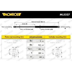 MONROE Gasfeder, Koffer-/Laderaum 530N für AUDI 8E9827552E 1135-6412