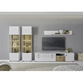 Home Affaire Wohnwand HOME AFFAIRE "HUDSON", weiß (weiß matt tz, applikation evoke eiche mdf tz), B:316cm H:180cm T:42cm, Kastenmöbel-Sets, Wohnwand, mit moderner Rillenoptik, Griffe aus Metall (Schwarz), Breite 316 cm