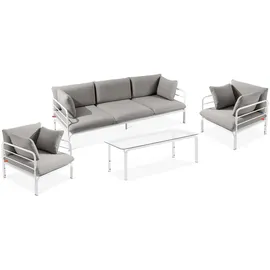 Konsimo Gartenmöbelset RAMBE 4-tlg. 1x Tisch 2x Sessel 1x Sofa 3-Sitzer, mit Auflage, Stahlrahmen, LOFT-STIL, Weiß/Hellgrau - Hellgrau