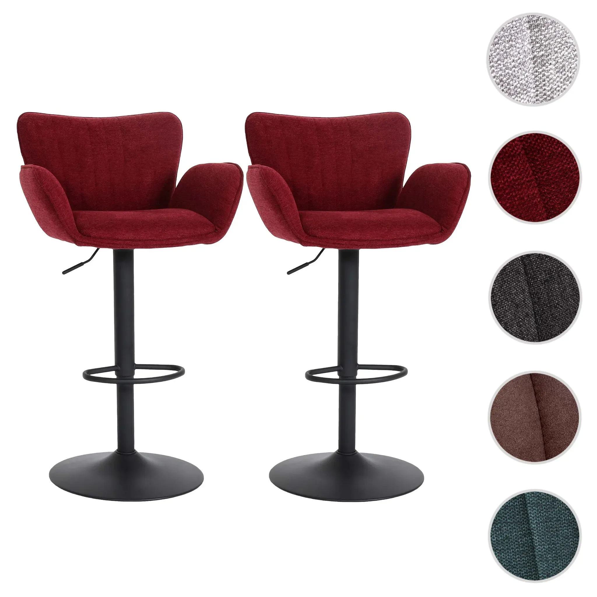 2er-Set Barhocker HWC-M67, Drehstuhl Barstuhl, Armlehne Fußablage drehbar Stoff Eisen FSC® ~ bordeaux Fuß schwarz