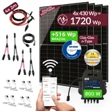 Balkonkraftwerk 1720W Komplettset mit 4 x 430W Bifalzial Module Glas-Glas der Marke Sunova Solar, Steckdose, APsystems Wechselrichter, 5 Meter Schutzkontakt-, 4 x 2 Meter DC-Kabel, 2 x Adapter Paar...