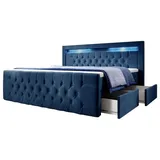 Luxusbetten24 Boxspringbett Sera mit LED und Stauraum (4 Schubladen) H2 (bis 70kg) - Blau