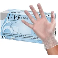 UVI Extra – Einweg-Vinyl-Untersuchungshandschuhe UVI Typ C, Talkumfrei, unsteril, latexfrei, DM-Klasse I, PSA-Risikokategorie III, Größe Large, Spender mit 100 beidhändig tragbaren Handschuhen