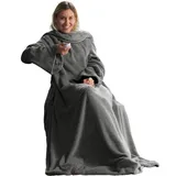 Famanu Kuscheldecke mit Ärmeln und Fußsack - 150 x 180 cm, graues Korallenfleece