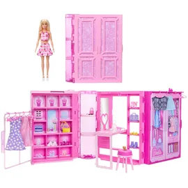 Mattel Barbie Traumkleiderschrank Spielzeug, Spielset mit blonder Modepuppe, Moden und Accessoires, knapp 1 m breit mit mehr als 25 Teilen, 3 vollständige Looks, HXD58