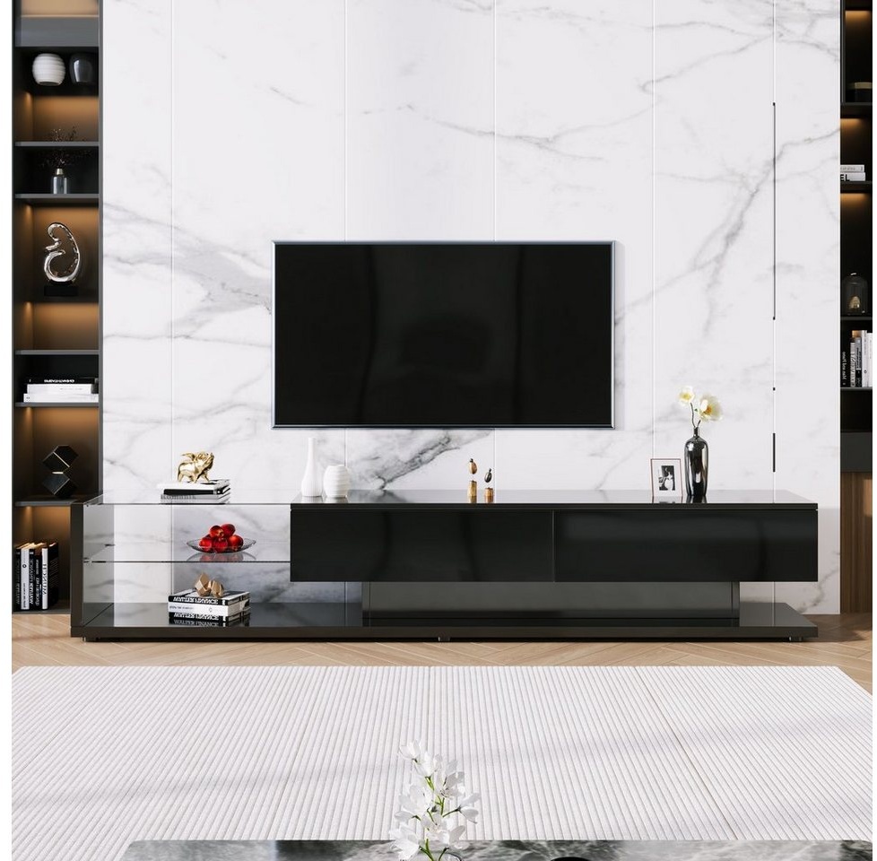 Celya TV-Schrank Glastrennwände und variable LED-Beleuchtung, Fernsehtisch TV Board Lowboards, Hochglanz-Wohnzimmermöbel schwarz