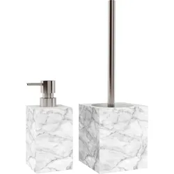 Badaccessoire-Set SANILO "Marmor", grau, glänzend, Edelstahl, Polyresin (Kunststein), Badaccessoires-Sets, 2-teiliges Set aus Seifenspender und WC-Bürste