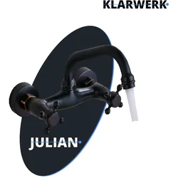 JULIAN | Retro Mischbatterie Wandmontage Armatur Schwarz | Küche Bad Vintage Wasserhahn Wand altmodisch Edelstahl - Gastronomie 360° drehbar