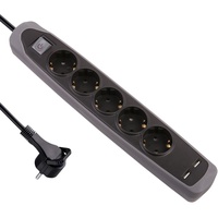 Electraline 62156, Steckdosenleiste 5-Fach mit Schalter + 2 USB 2.1A, Kabel 2m / Mehrfachsteckdose / Tischsteckdose / Steckerleiste / Steckerleiste, Extra Flacher Stecker