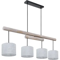 Decken Pendelleuchte Höhen verstellbar Esszimmer Decken Lampe Holz Balken rustikal, Stoff Schirme grau, Metall schwarz, LxBxH 113x18x120 cm