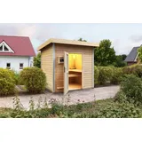 Karibu Saunahaus Außensauna Gartensauna Norge unbehandelt Ofen 9 kWexterne Strg easy 38mm Massivholz 231x196x238 cm mit Milchglas Tür