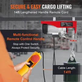 Vevor Elektrische Seilwinde mit 4,2 m kabelgebundener Fernbedienung, 12 m Hubhöhe mit Einzelkabel, Einzel-/Doppelschlingen, Not-Aus, Hebezeug für Garage, Lager, Fabrik