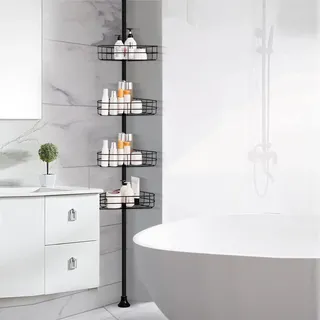 JoliJour Teleskop Duschregal,Badregal mit 4 Tabletts,Aufbewahrung für das Badezimmer,Verstellbares Badezimmerregal,Duschablage Ohne Bohren,Teleskop-Eck-Duschregal Badezimmer Dusche Organizer