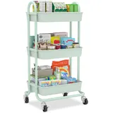 Sekey Rollwagen, mit 3 Ebenen | 360°-Gummiräder mit Bremse | Glatt lackiert & rostfest | Gekrümmter Griff | für Küche, Bad, Büro, Wohnzimmer, Schlafzimmer | Mintgrün