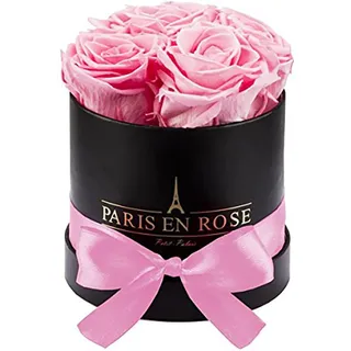 Rosenbox Ø 10 cm Schwarz mit Schleife und 4 Rosa Rosen