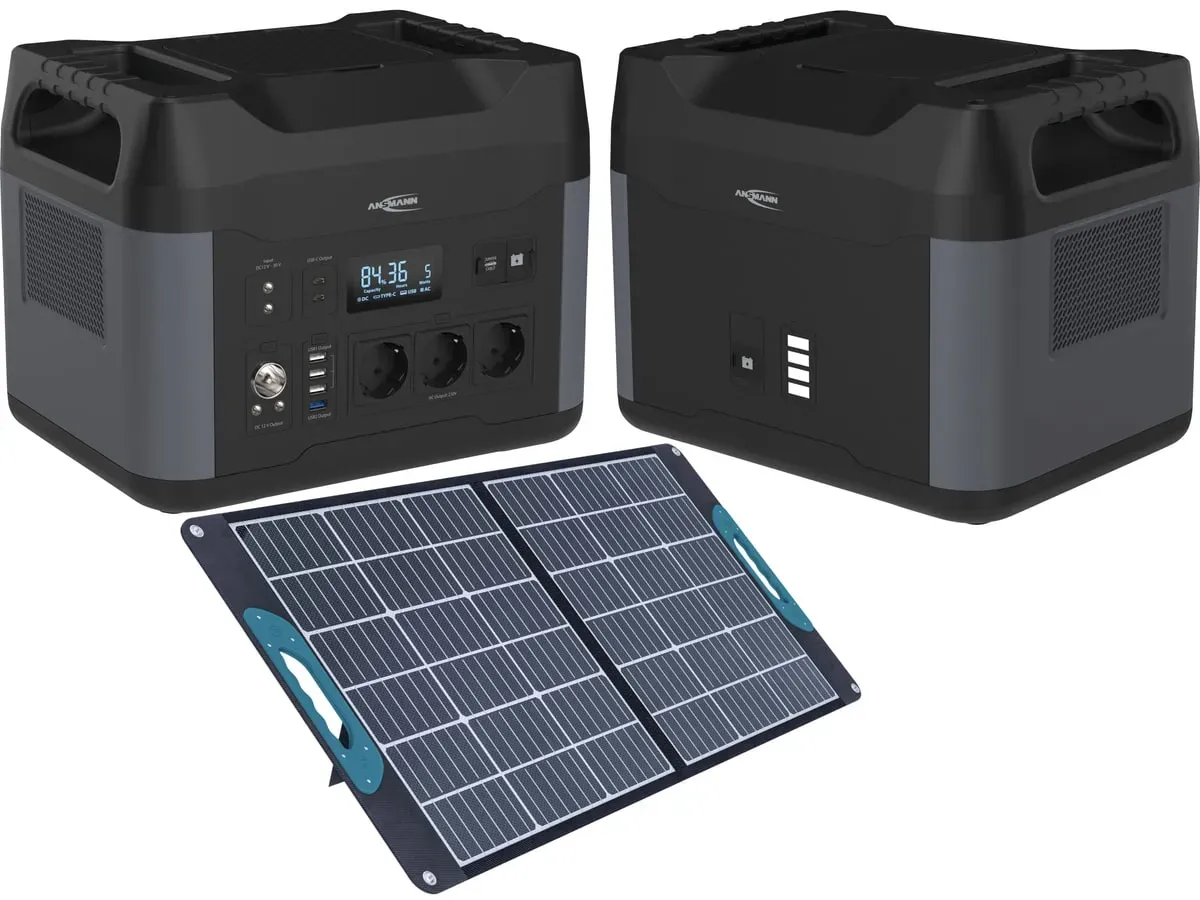 ANSMANN Powerstation Set, PS2200AC + Erweiterungsakku PSE2200 + Solarpanel 100 W