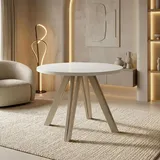 Runder Esstisch Ausziehbar 100–180 cm mit Holzbeinen aus Buchenholz in Kaschmir – Moderner Ausziehtisch für Esszimmer, Küche und Wohnzimmer ... - Weiß